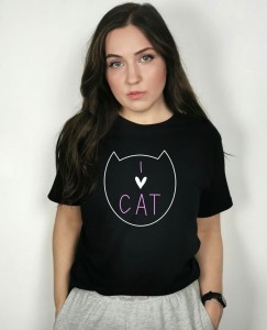 Czarny T-shirt damski i love cat