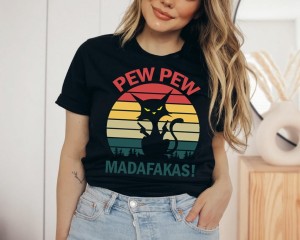 śmieszna damska koszulka z kotem pew pew