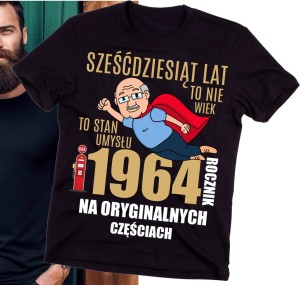 Męska koszulka na 60 urodziny z nadrukiem 60 LAT TO NIE WIEK TO STAN UMYSŁU 