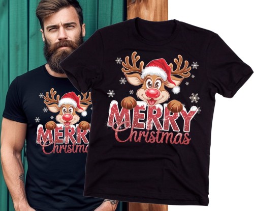 męska czarna Koszulka na święta merry71
