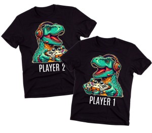 Koszulki dla taty i syna z dinozaurami PLAYER 1 PLAYER 2.jpg