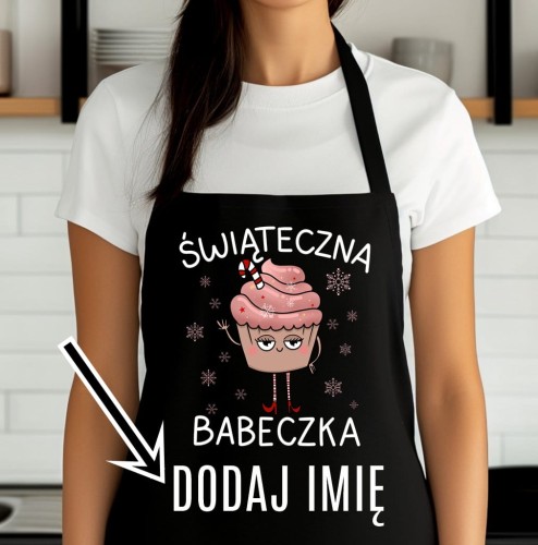 Świąteczny fartuch z nadrukiem świąteczna babeczka - dodaj imię