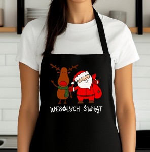 Świąteczny fartuch NA PREZENT - WESOŁYCH ŚWIĄT Z RENIFEREM I MIKOŁAJEM 