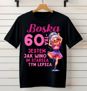 CZARNA koszulka damska na 60 urodziny boska 60 jestem jak wino.webp