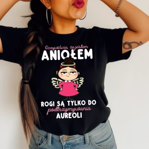 CZARNA DAMSKA OCZYWIŚCIE ŻE JESTEM ANIOŁEM ROGI SĄ TYLKO DO POTRZYMYWANIA AUREOLI.webp