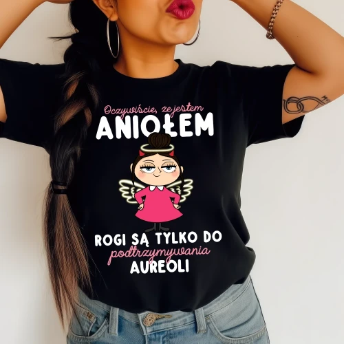 CZARNA DAMSKA OCZYWIŚCIE ŻE JESTEM ANIOŁEM ROGI SĄ TYLKO DO POTRZYMYWANIA AUREOLI.webp