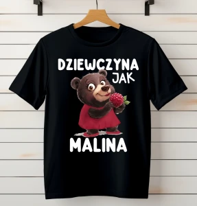 koszulka czarna z nadrukiem dziewczyna jak malina z wizerunkiem misia.webp