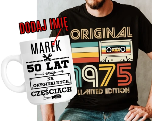 ZESTAW NA 50 URODZINY - KOSZULKA PLUS KUBEK Z IMIENIEM