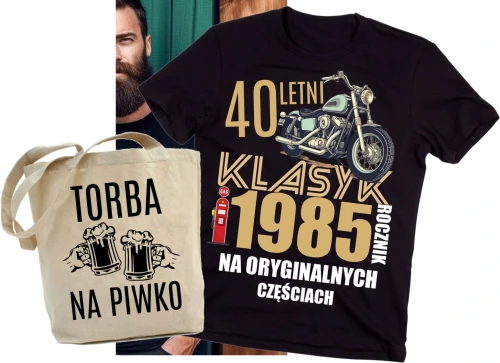 ZESTAW NA 40 URODZINY KOSZULKA z motocyklem MĘSKA PLUS TORBA (1)