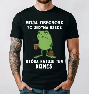 koszulka męska dla pracownika moja obecność to jedyna rzeczy która ratuje ten biznes.webp