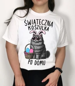 KOSZULKA BIAŁA WIELKANOC ŚWIATECZNA KOSZULKA PO DOMU KOT.webp