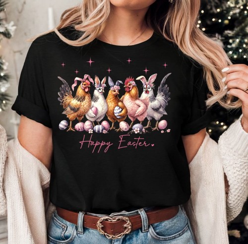Damska koszulka na Wielkanoc Happy easter z kurkami.jpg