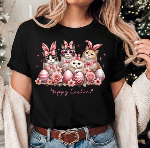 Damska koszulka na Wielkanoc HAPPY EASTER Z KOTAMI.jpg