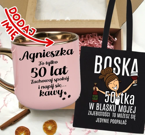 Zestaw prezentowy na 50 urodziny - kubek na 50 z imieniem oraz torba brunetka