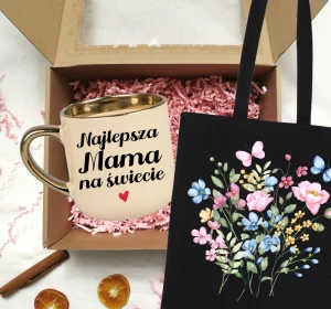 Zestaw prezentowy dla Mamy na Dzień Mamy - KUBEK NAJLEPSZA MAMA NA ŚWIECIE ORAZ TORBA W KWIATY - wzór kwiatki5