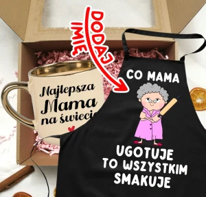 Zestaw prezentowy dla Mamy  z okazji Dnia Mamy - kubek Najlepsza Mama na świecie oraz fartuch z imieniem  - CO MAMA UGOTUJE TO WSZYSTKIM SMAKUJE - POSTAĆ SIWE WŁOSY Z WAŁKIEM DO CIASTA 