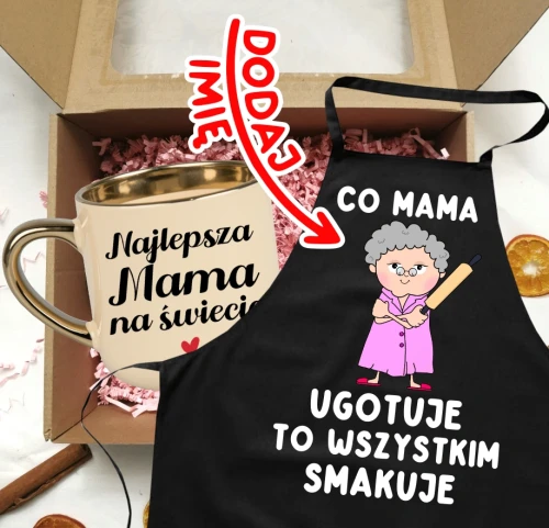 Zestaw prezentów dla mamy - kubek Najlepsza mama na świecie oraz fartuch dla mamy.webp