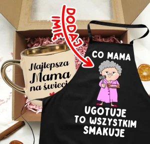 Zestaw prezentowy dla Mamy  z okazji Dnia Mamy - kubek Najlepsza Mama na świecie oraz fartuch z imieniem  - CO MAMA UGOTUJE TO WSZYSTKIM SMAKUJE - SIWE WSŁOSY 