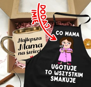 Zestaw prezentowy dla Mamy  z okazji Dnia Mamy - kubek Najlepsza Mama na świecie oraz fartuch z imieniem  - CO MAMA UGOTUJE TO WSZYSTKIM SMAKUJE - POSTAĆ BRĄZOWE WŁOSY Z DESKĄ DO KROJENIA 