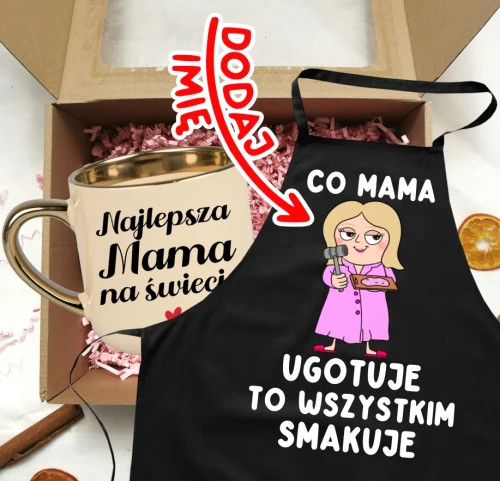 Zestaw prezentów dla mamy - kubek Najlepsza mama na świecie oraz fartuch dla mamy MN.webp