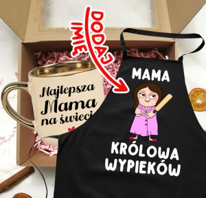 Zestaw prezentowy dla Mamy  z okazji Dnia Mamy - kubek Najlepsza Mama na świecie oraz fartuch z imieniem  - MAMA KRÓLOWA WYPIEKÓW - POSTAĆ BRĄZOWE WŁOSY Z WAŁKIEM