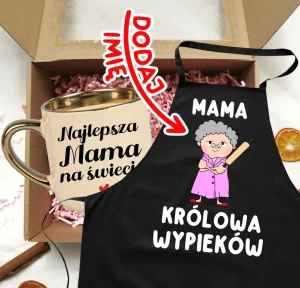 Zestaw prezentów dla mamy - kubek Najlepsza mama na świecie oraz fartuch dla mamy siwe włosy.webp