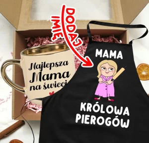 Zestaw prezentowy dla Mamy  z okazji Dnia Mamy - kubek Najlepsza Mama na świecie oraz fartuch z imieniem  - MAMA KRÓLOWA PIEROGÓW - POSTAĆ BLOND WŁOSY Z WAŁKIEM 
