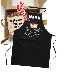 Zestaw prezentów dla mamy - kubek Najlepsza mama na świecie oraz fartuch dla mamy królowa wypieków.webp