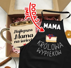Zestaw prezentowy dla Mamy  z okazji Dnia Mamy - kubek Najlepsza Mama na świecie oraz fartuch z imieniem  - MAMA KRÓLOWA WYPIEKÓW 