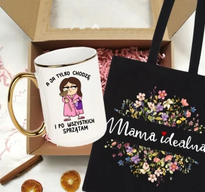 Zestaw prezentowy dla mamy - KUBEK A JA TYLKO CHODZĘ I PO WSZYSTKICH SPRZĄTAM Z BRUNETKĄ oraz torba najlepsza mama na świecie  (1)