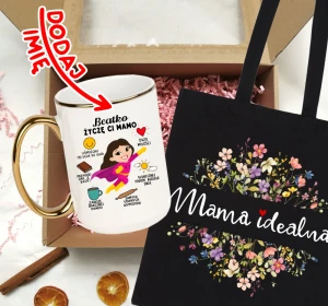 Zestaw prezentowy dla mamy na Dzień Mamy  z życzeniami oraz imieniem na kubku - brunetka 