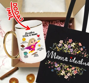 Zestaw prezentowy dla mamy na Dzień Mamy  z życzeniami oraz imieniem na kubku - BLONDYNKA 