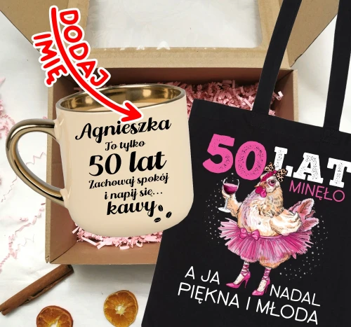 Zestaw prezentowy na 50 urodziny - kubek na 50 z imieniem oraz torba