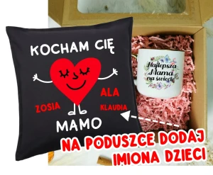 Prezent dla Mamy na Dzień Mamy - kubek Najlepsza mama na świecie plus poduszka z imionami dzieci - KOCHAM CIĘ MAMO 