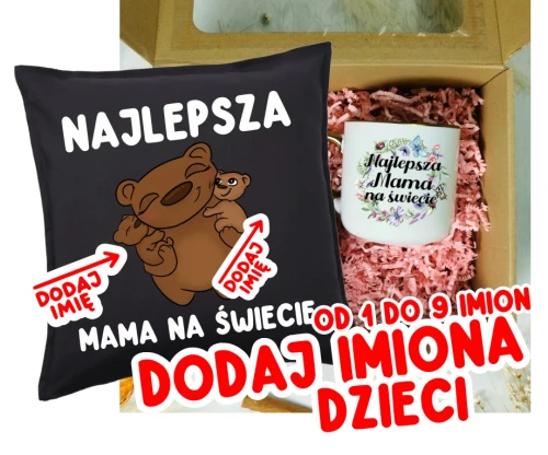 Prezent dla Mamy na Dzień Mamy - poduszka z imionami dzieci oraz kubek Najlepsza Mama na świecie.webp