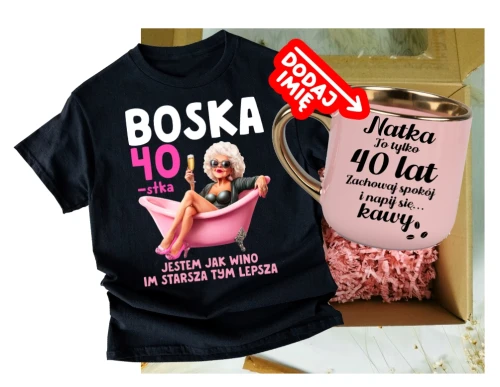 Zestaw prezentowy na 40 urodziny dla kobiety - koszulka oraz kubek z imieniem.webp