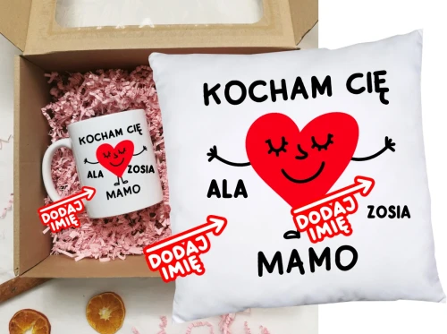 Prezent dla Mamy na Dzień Mamy - kubek oraz poduszka KOCHAM CIĘ MAMO Z IMIONAMI DZIECI