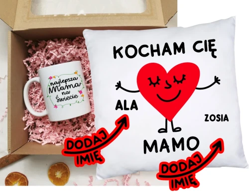 Prezent dla Mamy na Dzień Mamy - kubek NAJLPESZA MAMA NA ŚWIECIE oraz poduszka KOCHAM CIĘ MAMO Z IMIONAMI DZIECI (1)