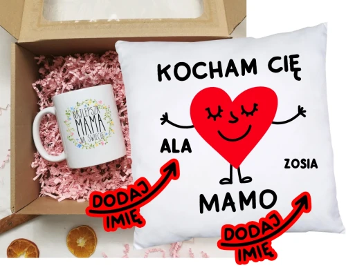 Prezent dla Mamy na Dzień Mamy - kubek NAJLPESZA MAMA NA ŚWIECIE oraz poduszka KOCHAM CIĘ MAMO Z IMIONAMI DZIECI