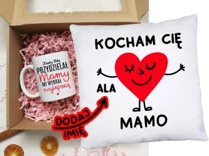 Prezent dla Mamy na Dzień Mamy - kubek Kiedy bóg przydzielał mamy MI wybrał najlepszą oraz poduszka KOCHAM CIĘ MAMO Z IMIENIEM DZIECKA 