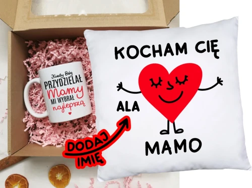 Prezent dla Mamy na Dzień Mamy - kubek Kiedy bóg przydzielał mamy MI wybrał najlepszą oraz poduszka KOCHAM CIĘ MAMO Z IMIENIEM DZIECKA