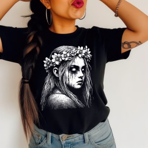 Damska czarna koszulka - z dziewczyną w wianku3