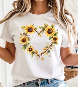 Biała damska koszulka z sercem - wzór słoneczniki30