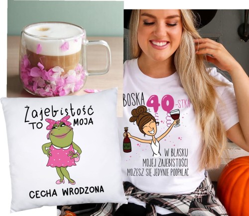 Zestaw prezentowy na 40 urodziny dla brunetki - poduszka na 40 oraz koszulka na 40 urodziny i kubek