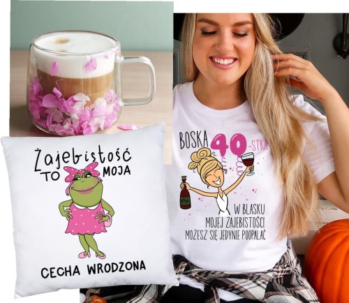 Zestaw prezentowy na 40 urodziny dla blondynki - poduszka na 40 oraz koszulka na 40 urodziny i kubek (1)