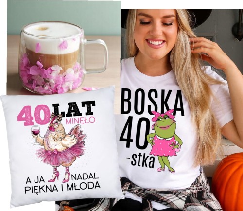 Zestaw prezentowy na 40 urodziny BOSKA 40-stka - poduszka na 40 oraz koszulka na 40 urodziny i kubek (1) (1)
