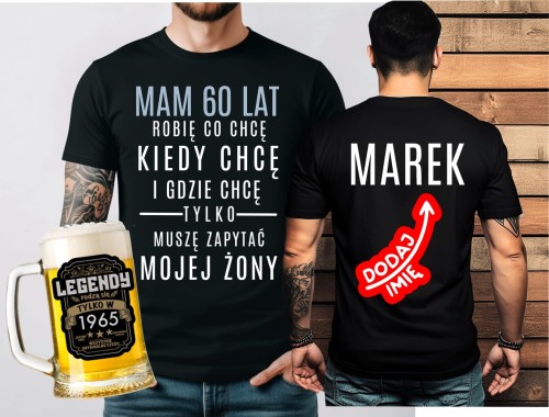 Prezent na 60 urodziny - ZESTAW KOSZULKA NA 60 Z IMIENIEM ORAZ KUFEL - mam 60 lat