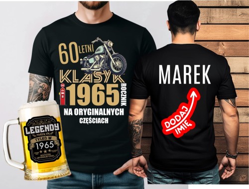 Prezent na 60 urodziny - ZESTAW KOSZULKA z motorem NA 60 Z IMIENIEM ORAZ KUFEL