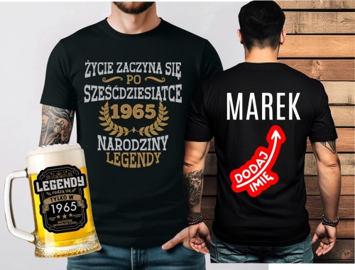 Prezent na 60 urodziny - ZESTAW KOSZULKA ŻYCIE ZACZYNA SIĘ PO 60 Z IMIENIEM ORAZ KUFEL