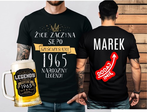 Prezent na 60 urodziny - ZESTAW KOSZULKA NA 60 URODZINY Z IMIENIEM ORAZ KUFEL